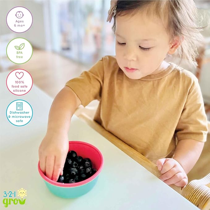 Silicone Easy Scoop & Hold Bowl Set – Adaptive Baby & Toddler Feeding Bowls with Clip-On Rim and Handle – Helps Build Independence & Coordination – 2 Pack – Dishwasher Safe (Ocean)