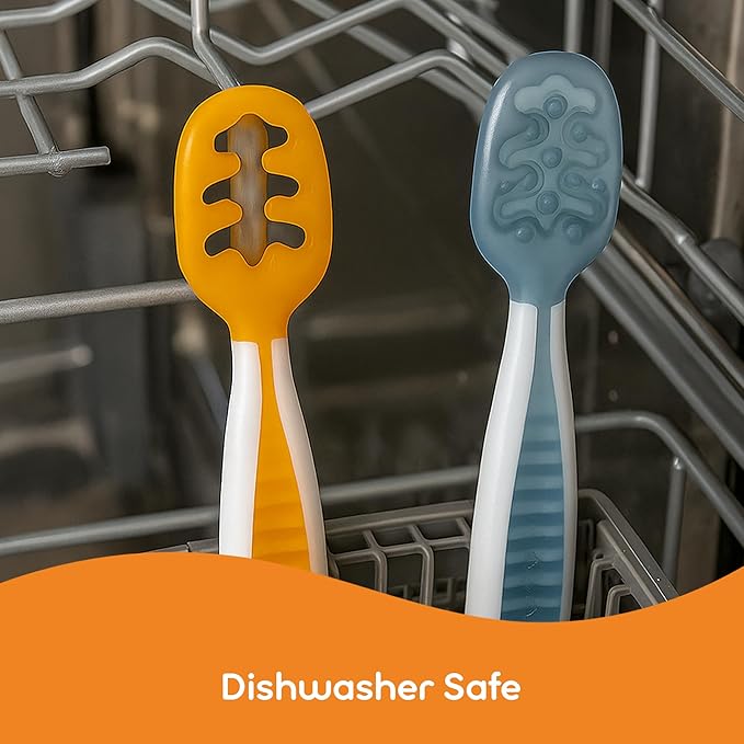 NumNum Baby Spoons Set, Baby Essentials Pre-Spoon GOOtensils for 6+ Months, First Stage Self-Feeding Spoons for Baby Led Weaning (BLW), Silicone Toddler Utensils, BPA-Free, 2 Pack Beige/Mauve