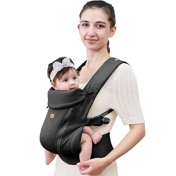 CUBY Newborn Baby Carrier with Head Support and Sunshield, Breathable & Easy Adjustable Newborn Toddler Front Baby Carriers Sling,Hands-Free Newborn Carrier up to 40lbs(Black,Upgraded-with Waist Belt)