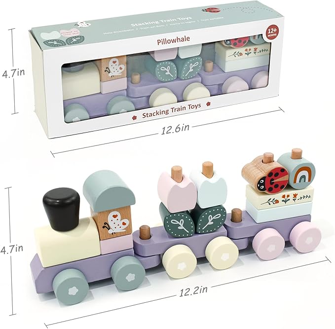 Wooden Stacking Train Toy Set,Wooden Building Blocks Train with Shape Sorter Early Learning Gift for Toddlers Boys Girls 12 Months and up