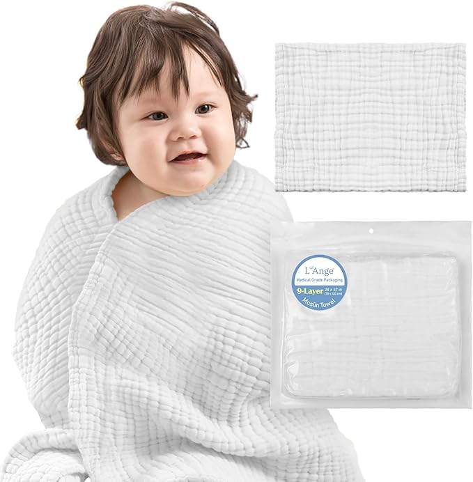 L'Ange Baby Bath Towel - 9 Layers 100% Cotton Muslin, Super Quick Dry, Medical Grade Packaging for Infants and Newborns - 28 x 37in - White