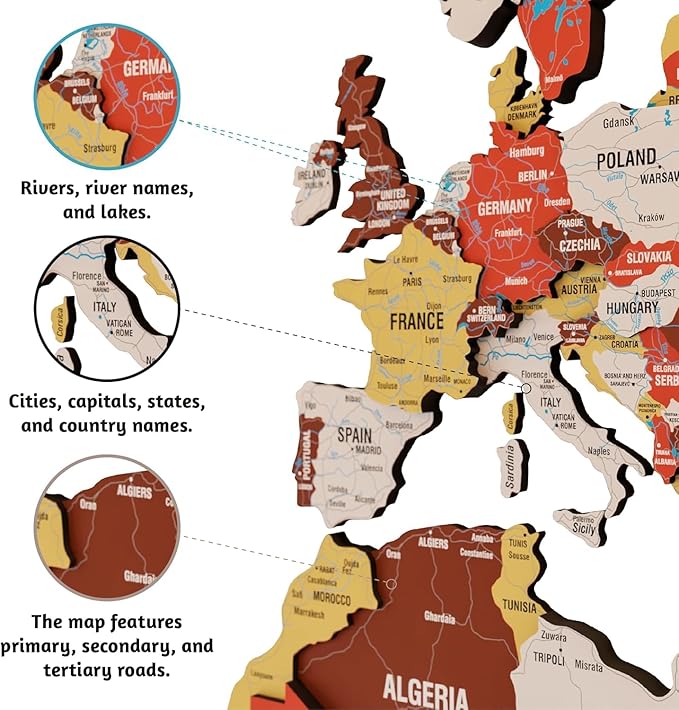 Colorfull Worlds 3D Wooden World Map Wall Art - Premium Multicolored World Travel Map for Wall Decor with Push Pins- Ideal Housewarming Gift & Travel Tracker (Medium, Terracota)