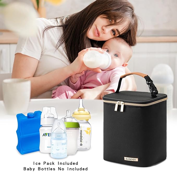 Breastmilk Cooler Bag with Ice Pack Fits 4 Baby Bottles Up to 9 Ounce, Baby Bottle Cooler Bag Suitable for Nursing Mom Daycare, Black