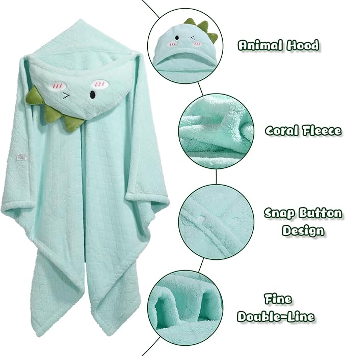 Baby Bath Towels Hooded, Dinosaur Thick Toddler Hooded Towel for Boy Age 0-5， 50" x 32" Large Size Soft Absorbent Coral Fleece Shower Gift for Kids,Beach Comfort Quick-Drying Green Dinosaur