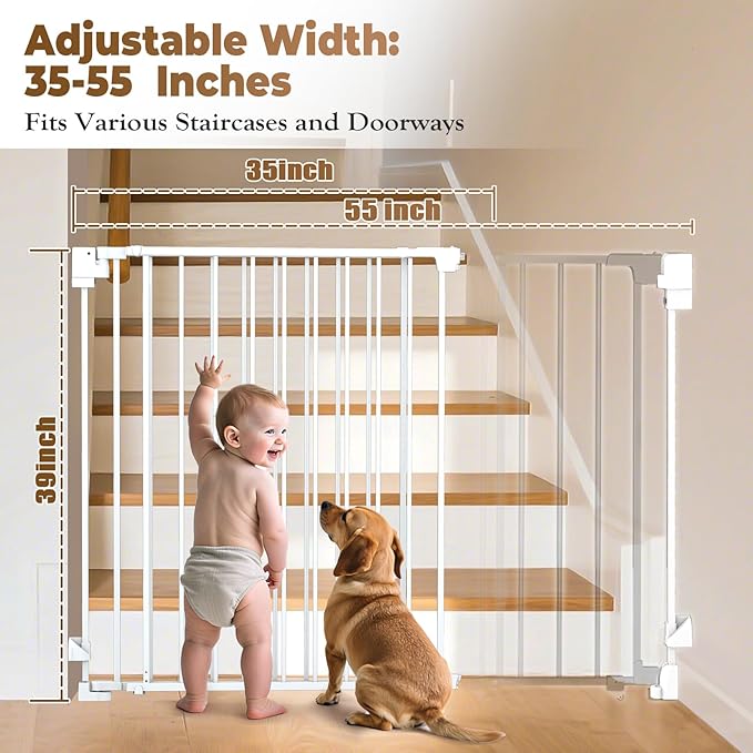 35-55" No Bottom Bar Baby Gates for Stairs, 39" Extra Tall Child Safety Gate with Auto Close Large Walk Thru Door, Hardware Mount Dog Gate Pet Gate for The House Doorways, Indoor Outdoor use