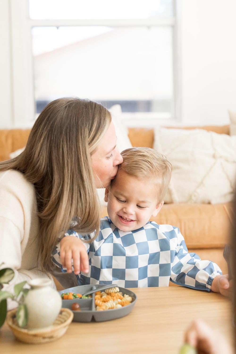 Tiny Twinkle Mess Proof Baby Bib,Waterproof Smock Baby Bib for Eating,Machine Washable Long Sleeve Bib,Baby Led Weaning,Toddler Bib (Checkers Blue, Small 6-24 Months)