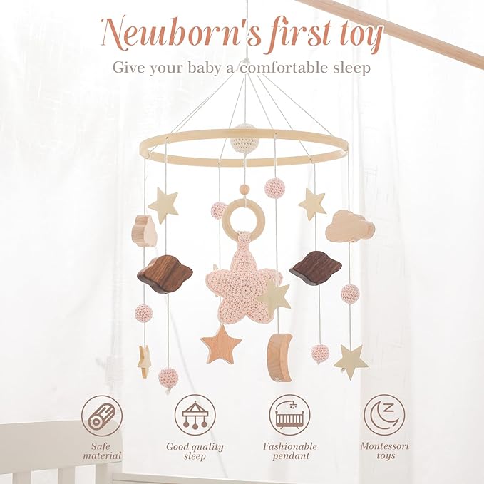 let's make Baby Crib Mobile for Boys Girls| Boho Nursery Mobile| Gender Neutral Hand-Crocheted Mobile| Ceiling Mobile - Stars, Clouds, Moon (Pink)