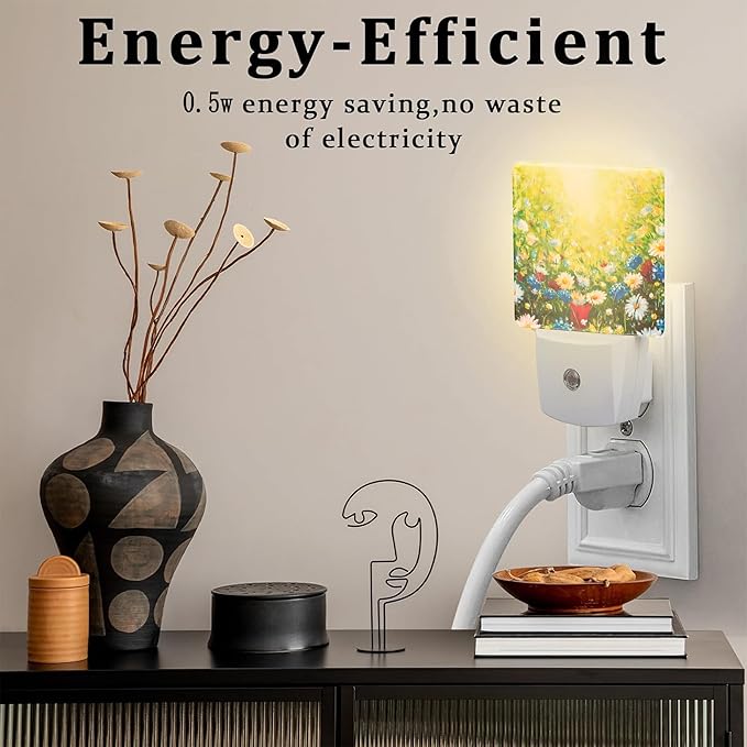 Colorful Daisies Flowers Night Light, Abstract Floral Oil Painting Dusk to Dawn Night Light Plug in, 0.5w Energy Saving Sleep Friendly NightLight for Kids Boys Girls Home Decor