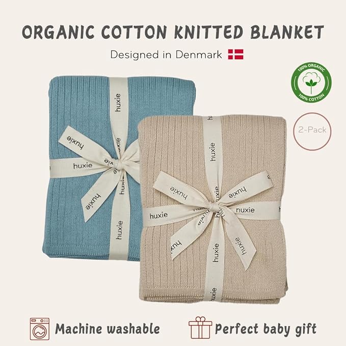 Knitted Organic Cotton Baby Blanket- Swaddle Blanket, 30" x 40" Soft Receiving Blanket for Newborn 2-Pack (Fog and Polar Blue)