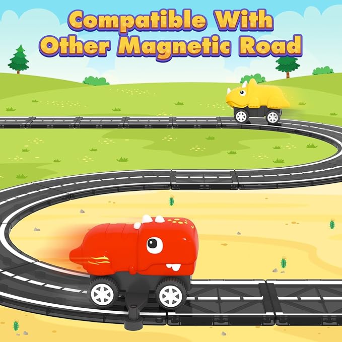 Magnetic Tiles Dinosaur Car Toddler Toys 3 4 5 Year Old Boys Girls, Magnetic Blocks Monster Car - 2 Dinosaur Lids and 2 Chassis, Compatible with Traversable on Magnet Roads.