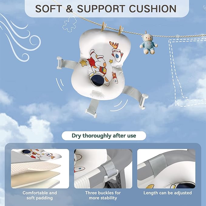 Collapsible Baby Bathtub for Newborn to Toddler (0-24 Months), Portable Baby Bath Tub for Travel, Newborn Bathtub with Soft and Supportive Cushion (Astronaut-Gray)