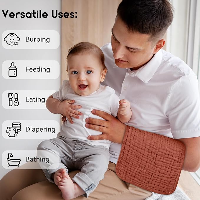 Muslin Burp Cloths for Baby 100% Cotton Burping Cloths for Boys Girls Large 20''X10'' Extra Soft and Absorbent 12 Pack - Gradient Caramel