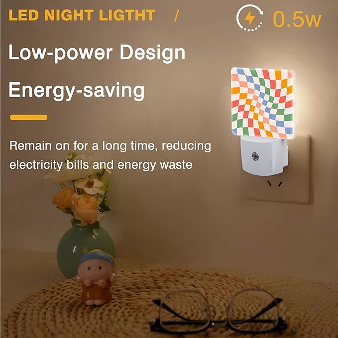 Wavy Checkerboard Night Light, Plug-in Nightlight with Dusk to Dawn Auto Sensor for Home Bedroom Hallway Kitchen Stairway 0.5W Sleep Friendly Led Lamp for Women Men