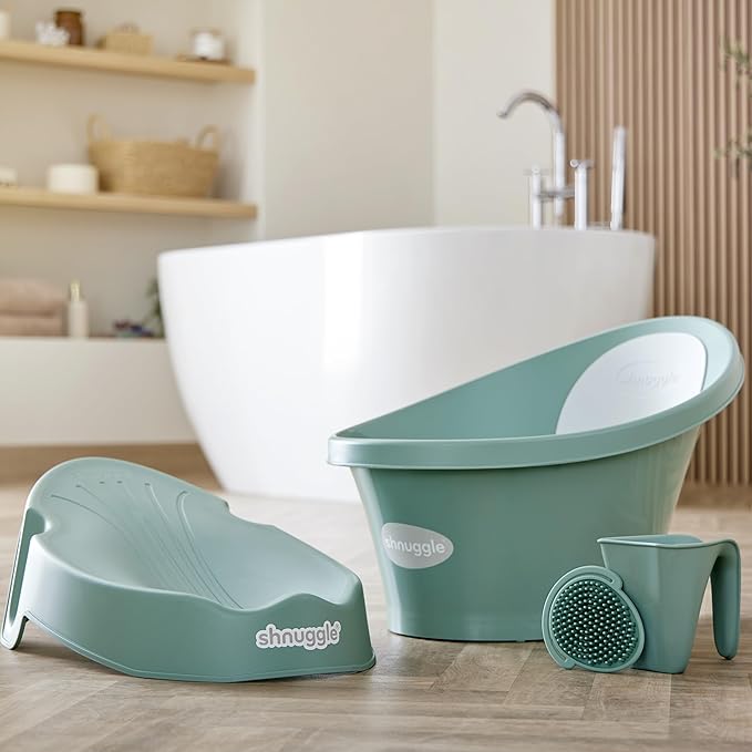 Shnuggle Newborn Baby Bath | Built in Support Bump and Soft Backrest | Suitable from Newborn | Bath Seat Support Includes Plug | Eucalyptus Green