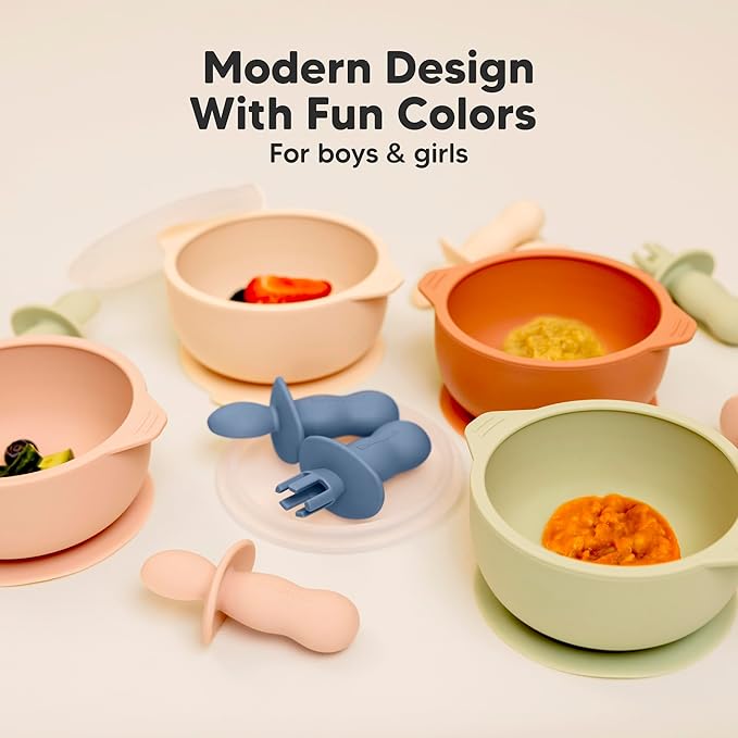 KeaBabies 4-Pack Silicone Baby Spoons and Forks Set - Baby Led Weaning Utensils 6-12 Months, Self Feeding Toddler Spoon & Fork for Training, Teething, Easy to Hold, BPA-Free Silicone (Slate)