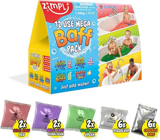 Zimpli Kids 12 Use Mega Value Baff Pack from, 4 x Gelli Baff, 2 x Slime Baff & 6 x Crackle Baff, Children's Sensory & Bath Toy, Birthday Presents for Boys & Girls, Certified Biodegradable Gift