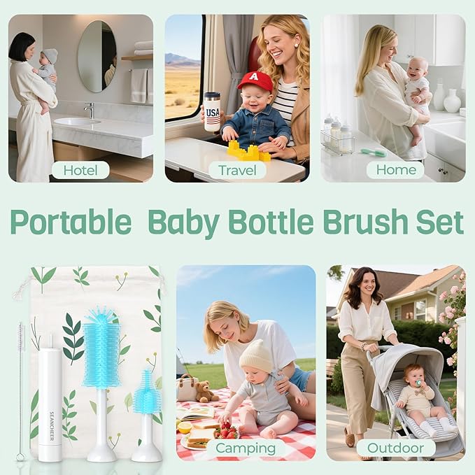 SEANCHEER S02 Electric Bottle Brush Set, Portable Baby Bottle Brush Cleaner, AA Battery-Powered & IPX7 Waterproof, with Silicone Bottle/Nipple/Straw Brush, for Home & Travel (Blue)