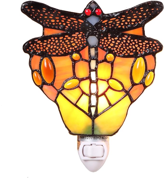 Bieye L11401 Tiffany Style Stained Glass Dragonfly Wall Lamp with Plug-in Night Light Socket for Home Decor