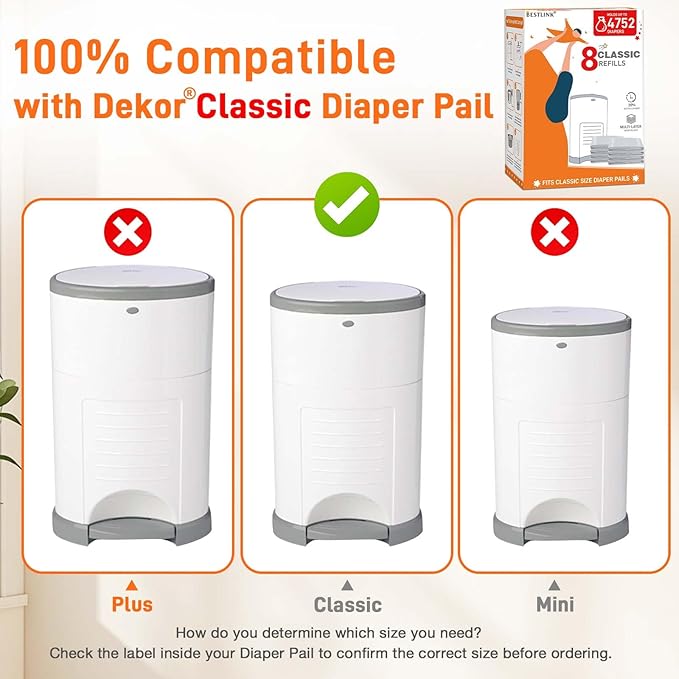 8 Pack Refills Compatible with DEKOR CLASSIC Diaper Pails | 20% Extra Length Diaper Pail Refill Bags Liners Holds 4752 Diapers | Ultimate Odor Control with Baby Scented