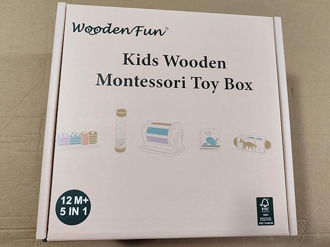 Wooden Baby Toys, 6-in-1 Newborn Learning Educational Sets Includes Mirror Spinning Drum, Rain Stick, Soft Cloth Books, Shape Sorter, Baby Roller - Christmas Birthday Gift for Boys Girls