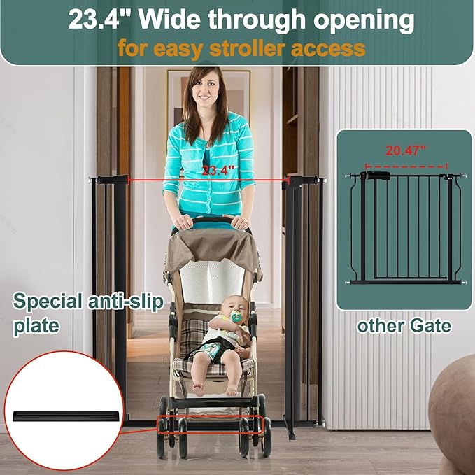 40.55" Tall 1.37" Ultra Narrow Spacing Dogs Pets Baby Gate for Doorway Safety Proof Indoor 53.74-61.61" Extra Wide Puppy Pressure Mounted No Drill Walk Through Black Metal Hallway