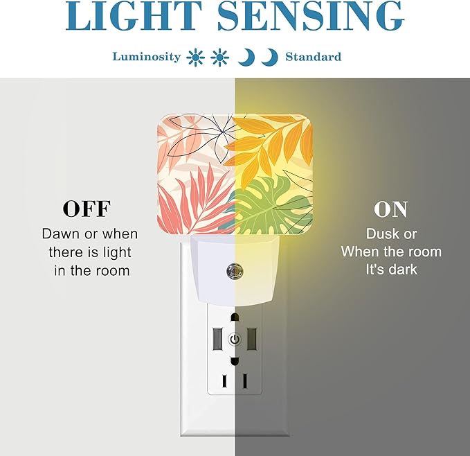 Abstract Art Plant Night Light Plug into Wall, Leaves Lines Night Light with Dusk to Dawn Sensor for Kid Girls Boys Women Men Bedroom, Hallway, Kitchen, Bathroom, Stairs Decor