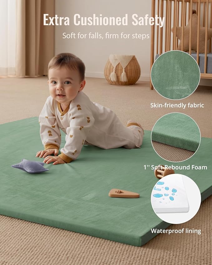 Blissful Diary Ultra Soft Baby Play Mat, 50x50 Floor Mat with Removable & Washable Slip-On Cover for Babies and Toddlers Infants, Sage Green