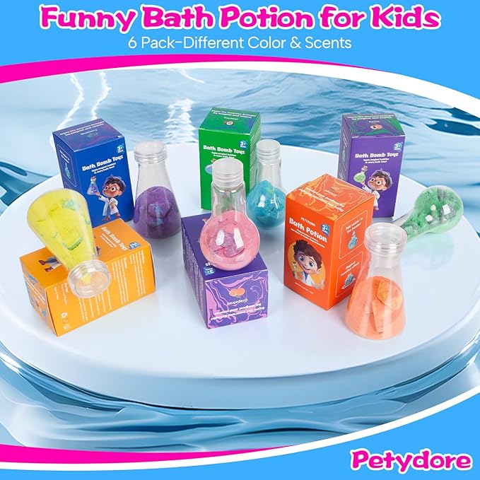 Bath Bomb Potion for Toddlers & Kids, 6-Pack Non-Toxic - Colorful Fizzy Fun - Interactive Bubble Bath Toy, Fun Science Bath Toys with a Colorful Foams & Bubbles Eruption