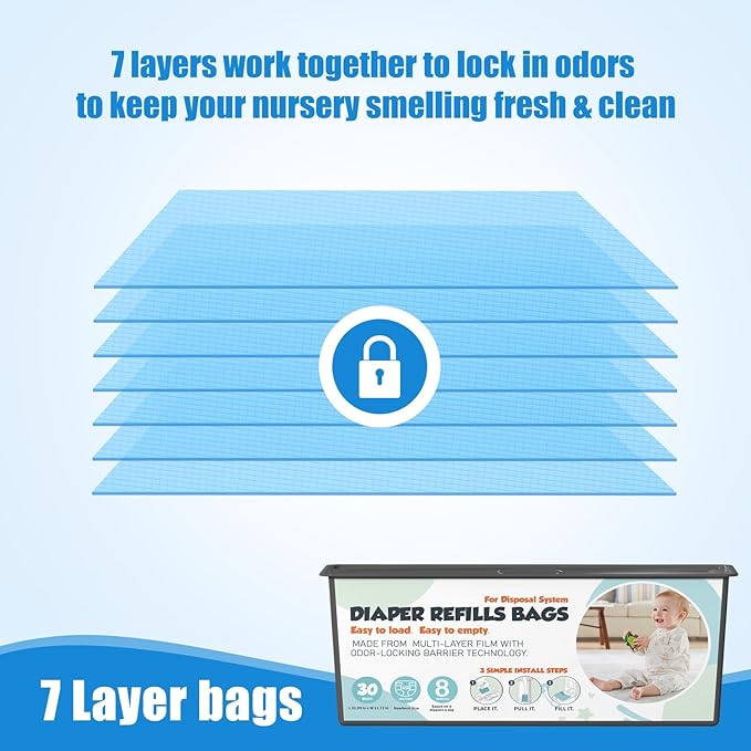 Diaper Pail Refills Bags with 30 Bags Compatible with Genie Easy Roll Signature and Platinum Diaper Pails, 7-Layer Odor-Barrier Technology, 2 Pack (60 Bag)