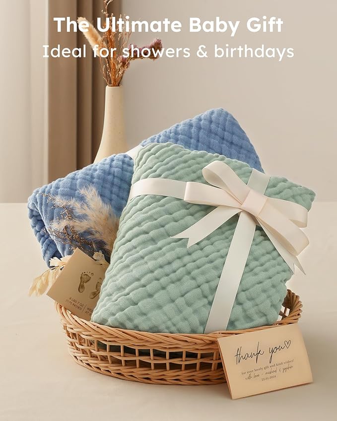 Yoofoss Hooded Baby Towels for Newborn 2 Pack 100% Muslin Organic Cotton Baby Bath Towel with Hood for Babies, Infant, Toddler and Kids, 37.5“x37.5“, Soft and Absorbent Newborn Essential,Blue&Green