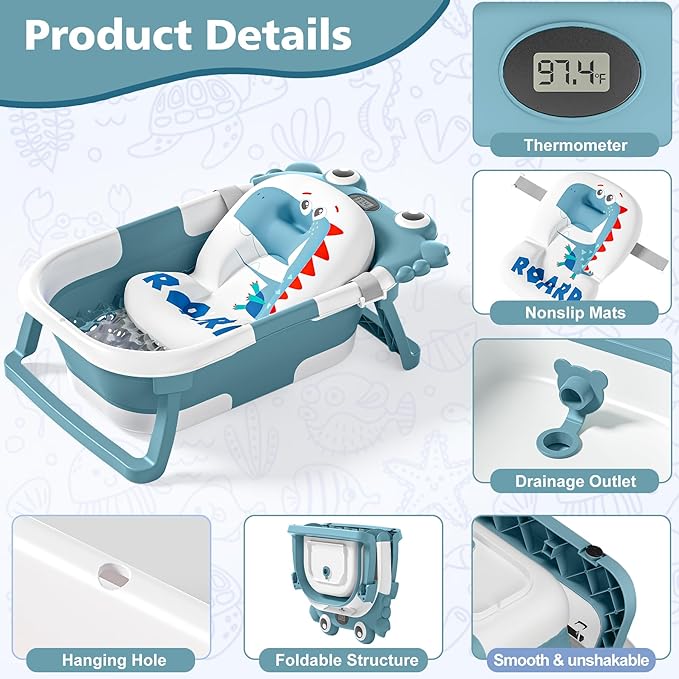 Collapsible Baby Bathtub for Newborns with Thermometer and Soft Floating Cushion Portable and Foldable Travel Baby Bath Tub for Infants to Toddler 0-36 Month (Blue)