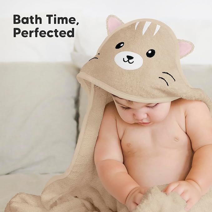 KeaBabies Hooded Baby Towel for Newborn - Viscose Derived from Bamboo Large Baby Bath Towels with Hood for Boys, Girls, Toddler, Extra Absorbent & Soft Newborn Bath Essentials (Cat, Petite)