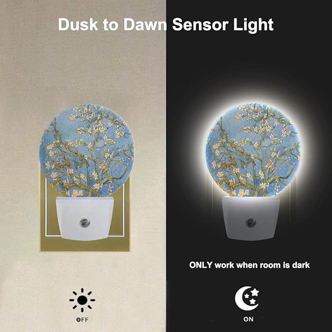 EKOBLA Almond Tree Blooming Night Light - Van Gogh Floral Painting LED Plug-in Nightlights with Dusk to Dawn Sensor, 0.5W Sleep-Friendly Lighting for Bedroom & Living Room (White & Blue)