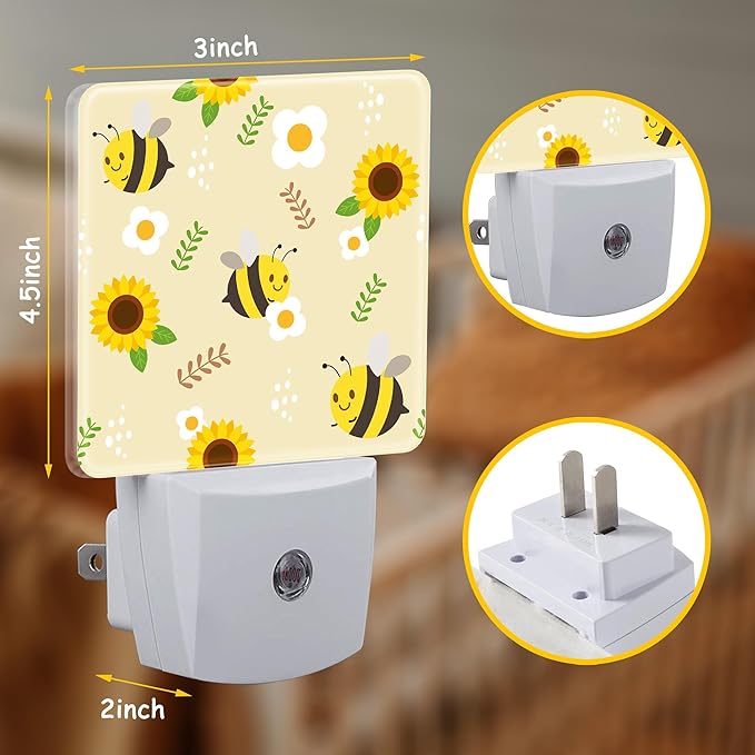 Night Light,Cute Bee and Yellow Sunflower Plug-in Night Light Auto Dusk-to-Dawn Sensor Daisies and Leaves Energy Efficient LED Lamp for Room Decor,Hallway,Kitchen,Bathroom,Nursery,Stairs