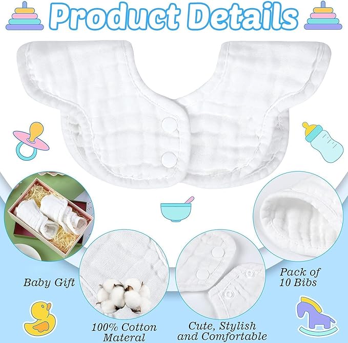 Geyoga 10 Pcs Baby Bibs 360° Rotate Baby Bandana Muslin Drool Bibs Petal Bibs Burp Gauze Cloths Absorbent Bib