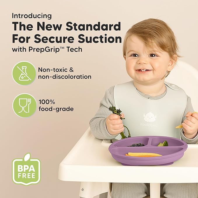KeaBabies Suction Plates for Baby, Toddler - 3-Pack 100% Silicone Toddler Plates with Suction, Divided, BPA-Free Baby Led Weaning Essentials for Kids, Dishwasher, Microwave Safe, Durable (Amethyst)