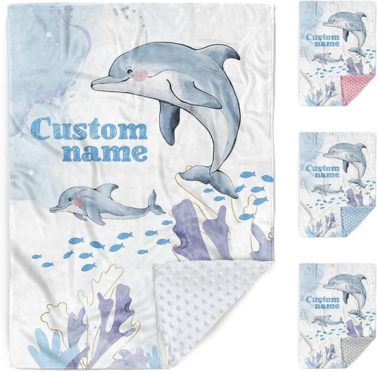 Custom Baby Blanket for Boys & Girls, Personalized Baby Blanket with Name, Soft & Cozy Dolphin Flannel Bed Blankets for Newborn Toddler, Customized Gifts for Shower Birthday Easter(30"x40")