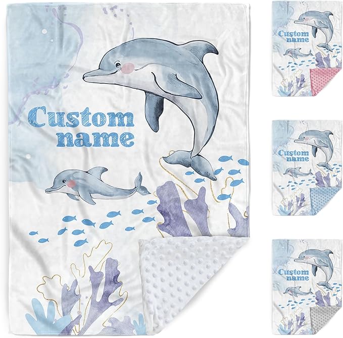 Custom Baby Blanket for Boys & Girls, Personalized Baby Blanket with Name, Soft & Cozy Dolphin Flannel Bed Blankets for Newborn Toddler, Customized Gifts for Shower Birthday Easter(47"x60")
