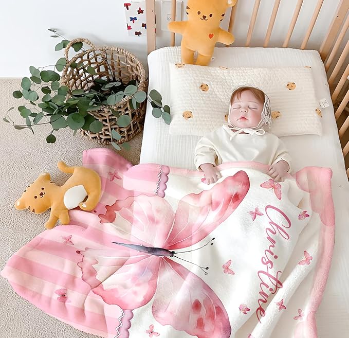 Personalized Baby Blanket for Girls, Custom Baby Blanket with Name, Soft Cozy Personalized Name Blankets for Kids, Customized Butterfly Blankets for Infant Toddler Birthday Christmas