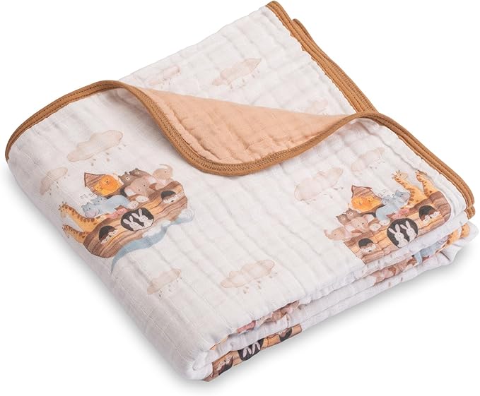 LollyBanks Muslin Baby Blanket 100% Organic Cotton, Muslin Quilt Lightweight, 6 Layers Baby Blankets 47"x 47", Toddler Blanket for Boy and Girl, Nursery Receiving Blankets (Noah's Ark Pattern)