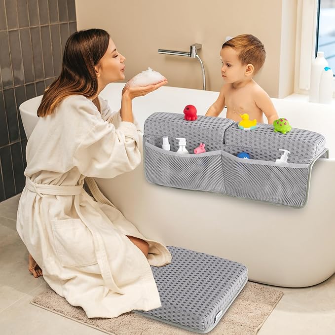 OS OMYSTYLE Baby Bath Kneeler and Elbow Rest Pad Set, 1.5'' Thick Quickly Dry Bathtub Kneeler Pad with Baby Toys & Bath Accessories Organizer, Kneeling and Elbow for Baby Tub, Non-Slip Mat(Light Grey)