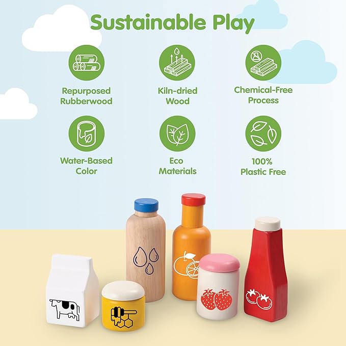 PlanToys® Wooden Food & Beverage Pretend Play Set | Montessori Kitchen Toys for Toddlers & Kids | Eco-Friendly Wooden Role Play Food | Includes Milk Carton, Juice, Water, Ketchup, Jam & Honey