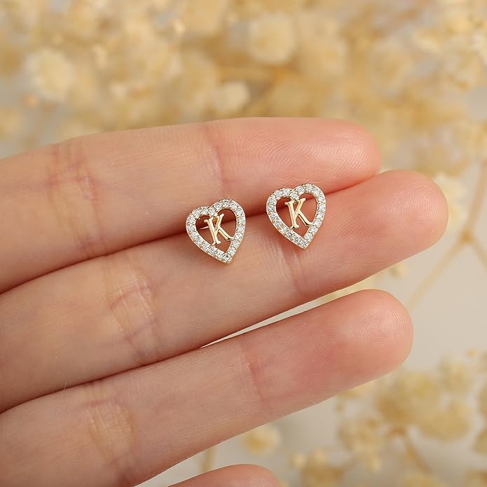 Anoup Christmas Gifts for Grandkids Girls Earrings - S925 Sterling Silver Post CZ Hypoallergenic Stud Heart Initial Earrings for Women Kids Jewelry Stocking Stuffers for Teen Girls Birthday Gifts