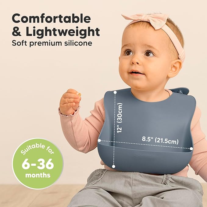 KeaBabies 2-Pack Silicone Baby Bibs for Eating - Sturdy Food-Grade Silicone Bibs for Babies Girl, Boy, Large Food Catcher, Clean & Put On Easily, Waterproof Toddler Feeding Essentials (Slate)
