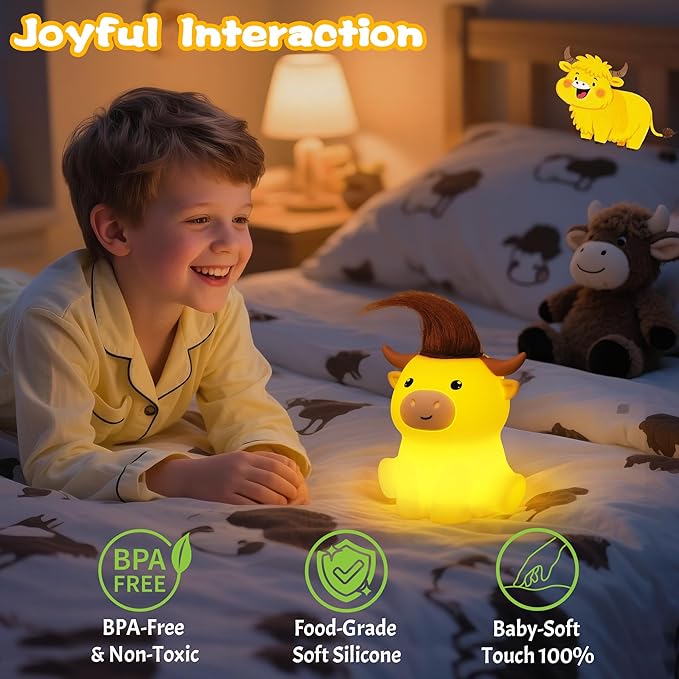 Highland Cow Night Light, Cute Animal Silicone Touch Cow Lamp, Highland Cow Gifts for Boys Girls Women Christmas, Dimmable Soft Glow Bedside Lamp for Nursery Bedroom Decor