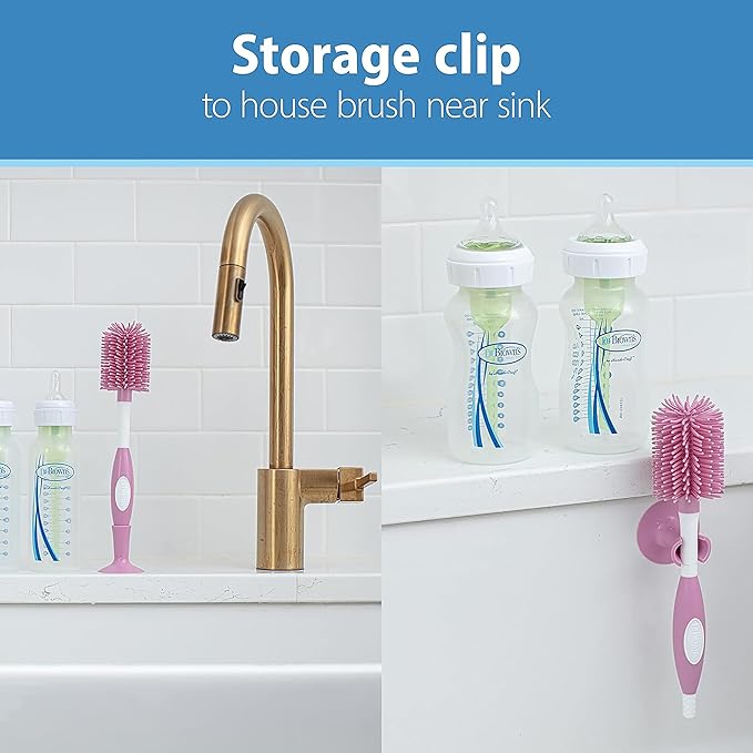 Dr. Brown's Soft Touch No Scratch Baby Bottle Cleaning Brush Nipple Cleaner with Stand and Storage Clip, BPA Free, Pink 4-Pack