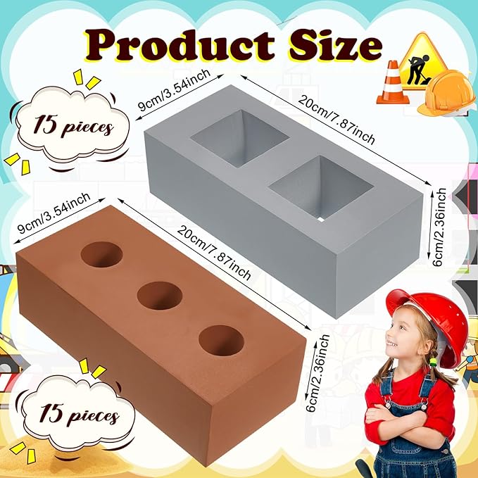 Deekin 30 Pcs Foam Brick Building Blocks for Kids Thick Blocks Foam Large Fake Brick Construction Toy for Stacking Construction, 8 x 4 x 2.4 in (Square Circle Holes)