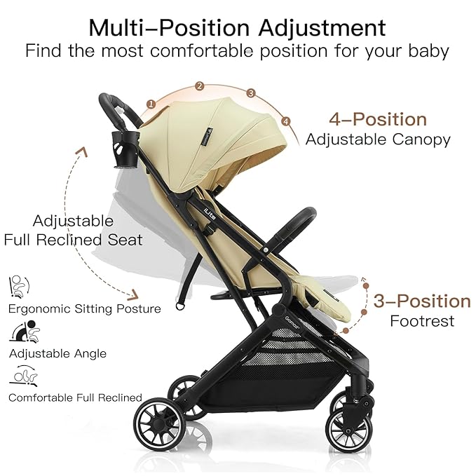 Compact Fold Baby Stroller, Lightweight Travel Toddler Stroller with One-Click Fold, Extendable UPF50+ Canopy, Cup Holder, UV Protected and Waterproof, One-Hand Folding - Beige