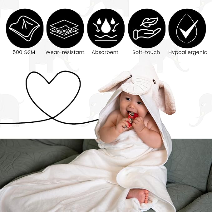 Premium Hooded Towel - 500GSM Viscose derived from Bamboo Cotton Baby Towels - Ultra Soft & Absorbent, Extra Large 35” x 35”, Hypoallergenic, Machine Washable Toddler Towel - Elephant