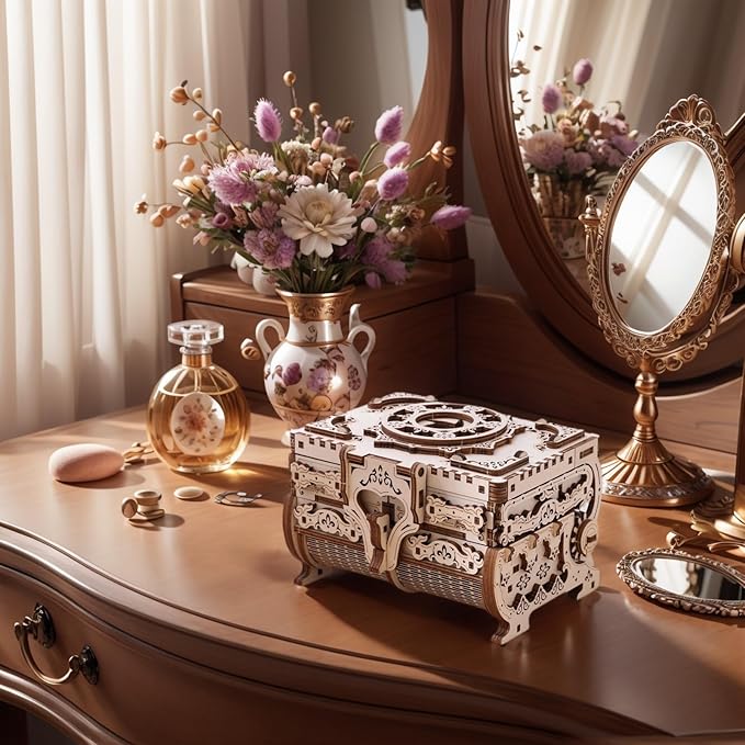 3D Wooden Puzzle for Adults Jewelry Box, DIY Mechanical Treasure Case, Decorative Jewelry Storage Kit, Vintage Laser Cut Model Craft, for Christmas, Birthday